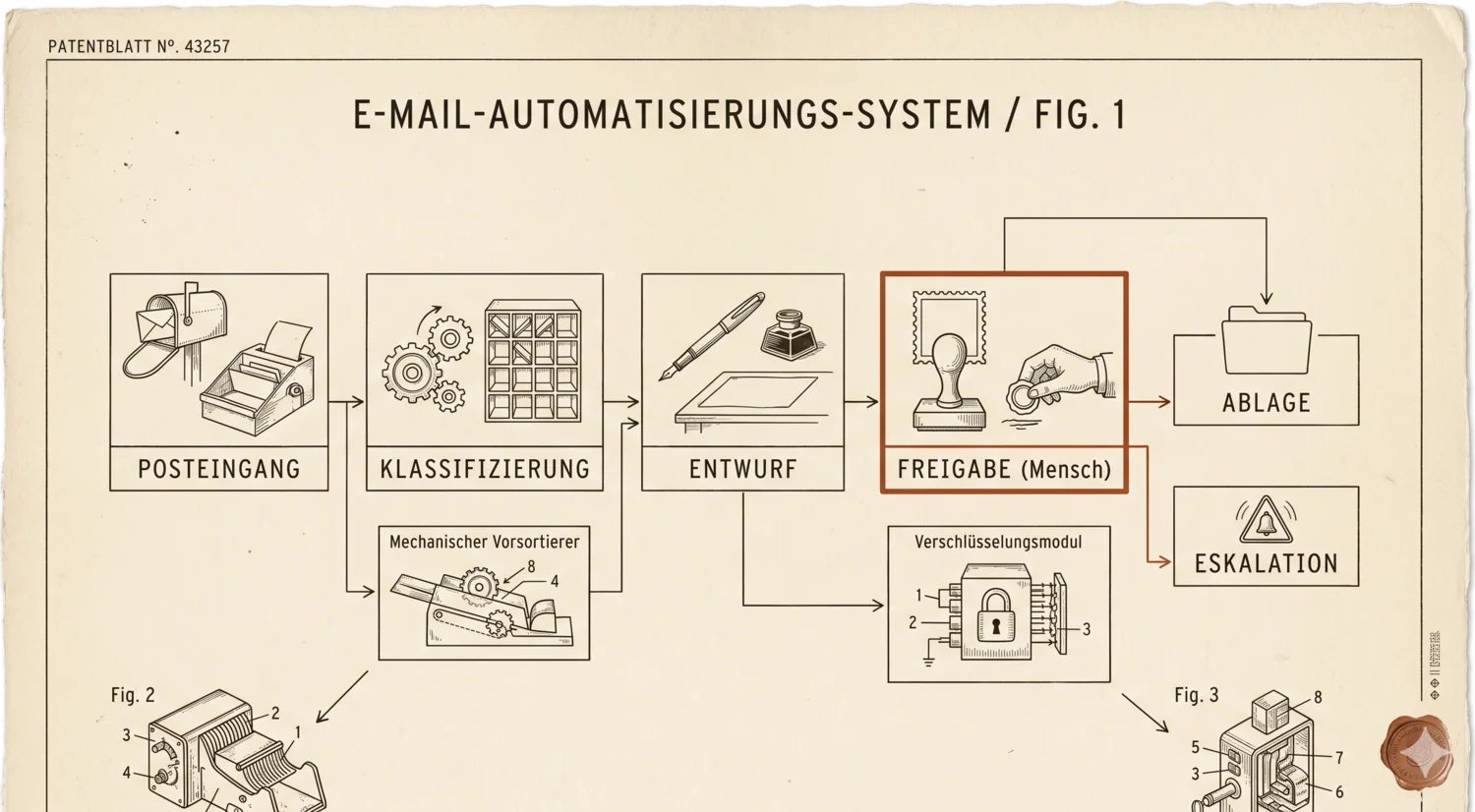 Patent-artiges Schema des E-Mail-Automatisierungs-Systems: Posteingang → Klassifizierung → Entwurf → Freigabe (Mensch) → Ablage, mit Eskalations-Zweig.