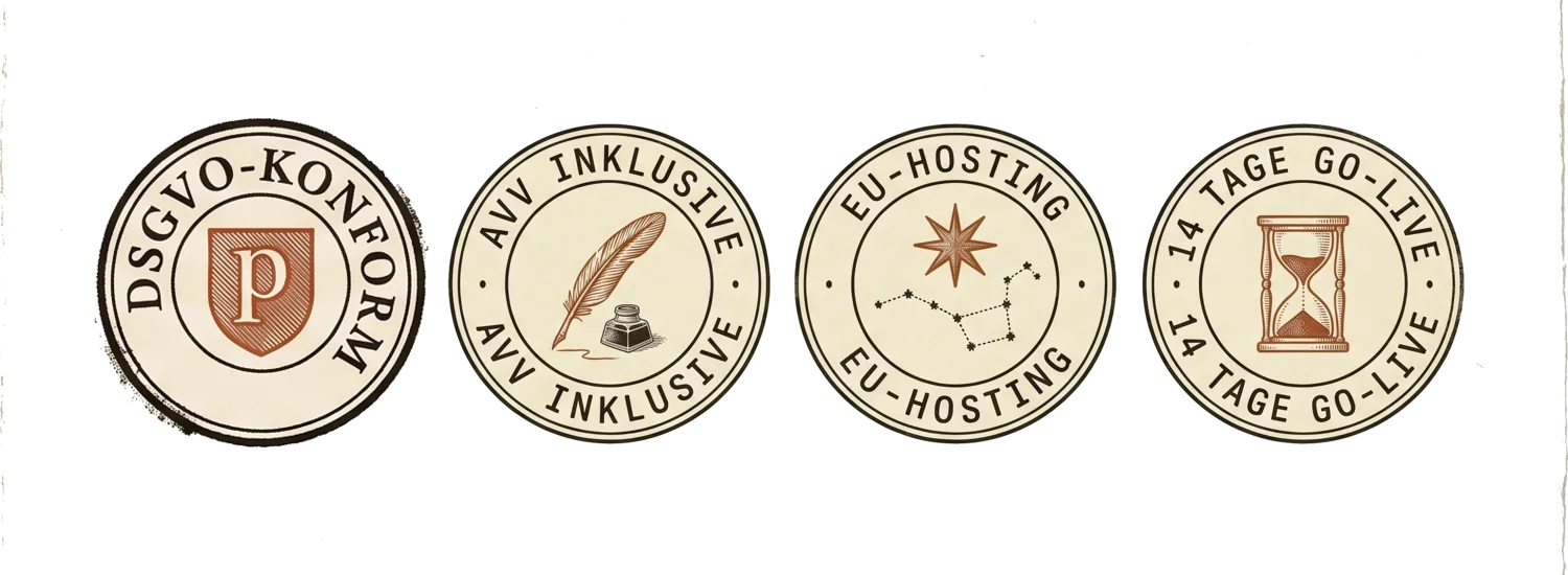 Vier Siegel: DSGVO-konform · AVV inklusive · EU-Hosting · 14 Tage bis Go-live.