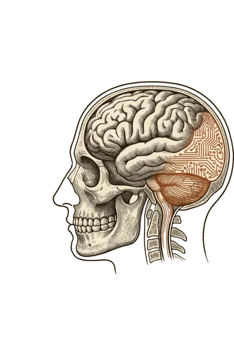 Anatomische Gravur: Kopf im Profil, dessen Gehirn in feine Schaltkreis-Bahnen übergeht.